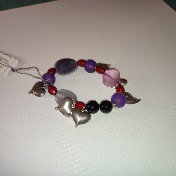 Large Bracelet Purple and Red Beads Handmade Vintage Hearts Charms - Picture 4 of 6